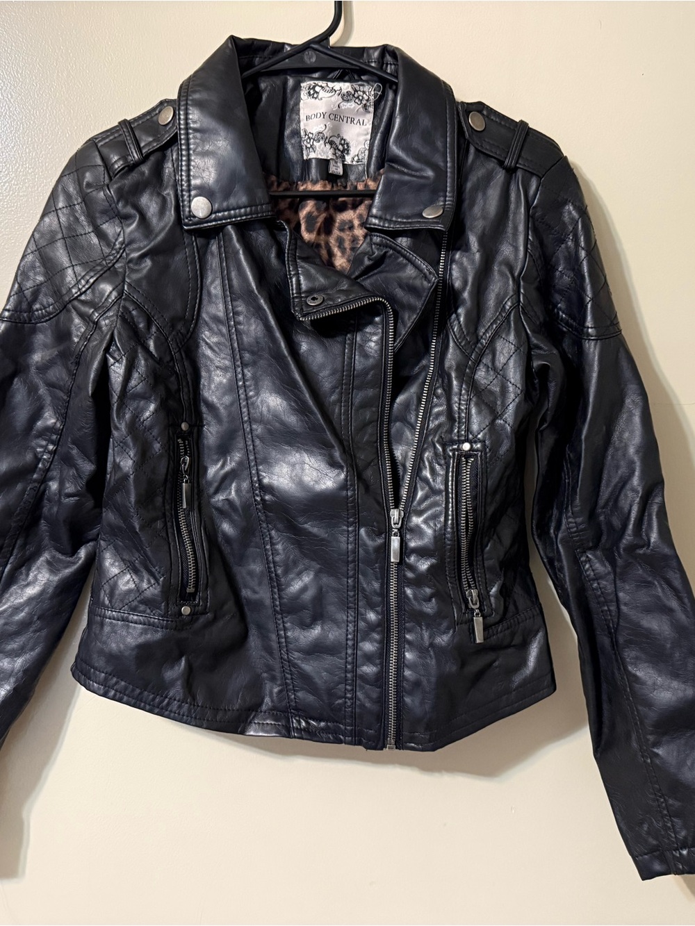 Body Central Black Faux Leather Quilted Moto Jacket